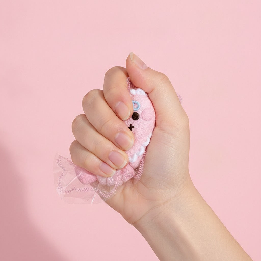 Fuzzy Cat Squishy Keychain - Pink - squeeze in hand