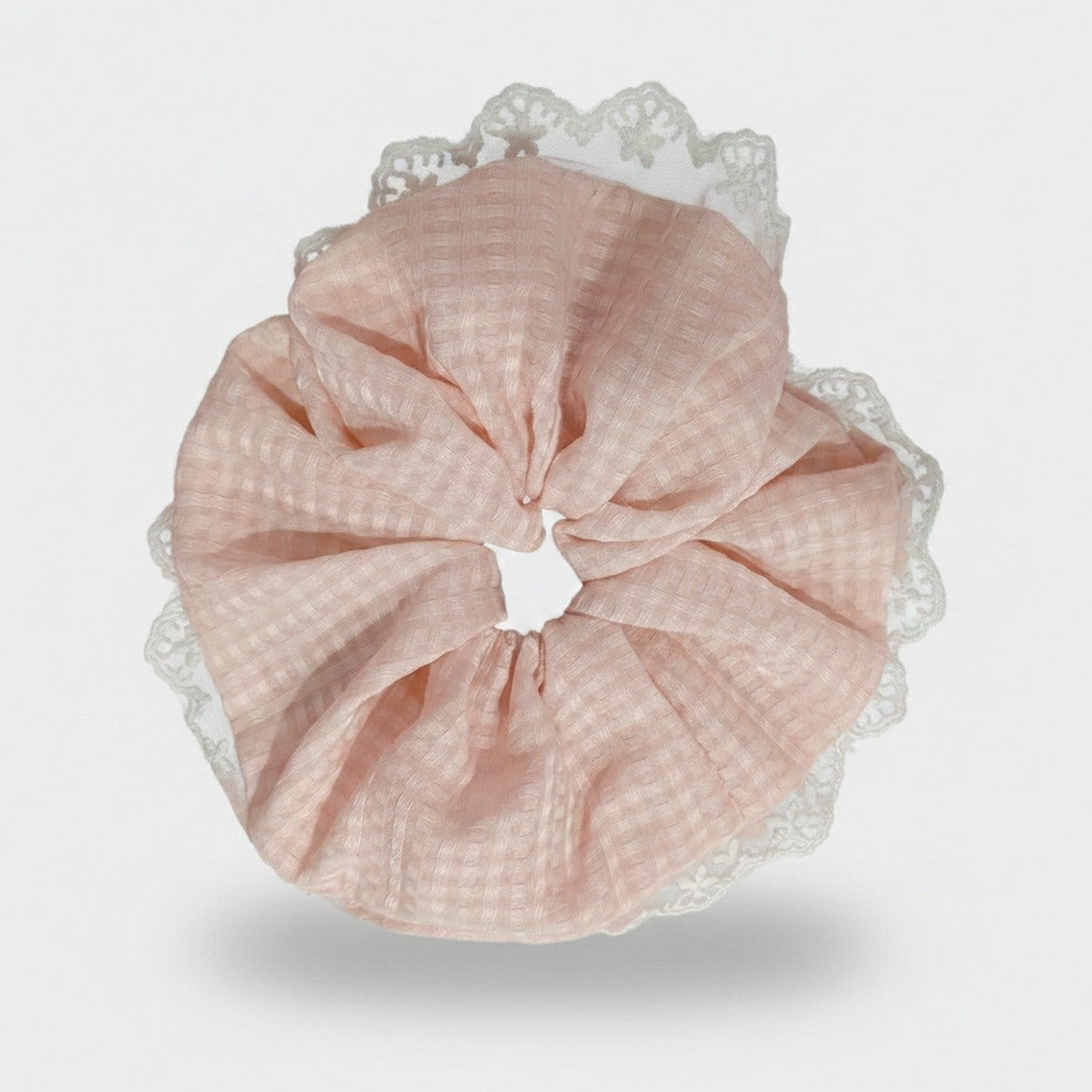 Lace Ruffle Pink Textured Hair Scrunchie – hair accessories