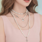Layered Pearl Cross & Heart Necklace - Silver Pearl