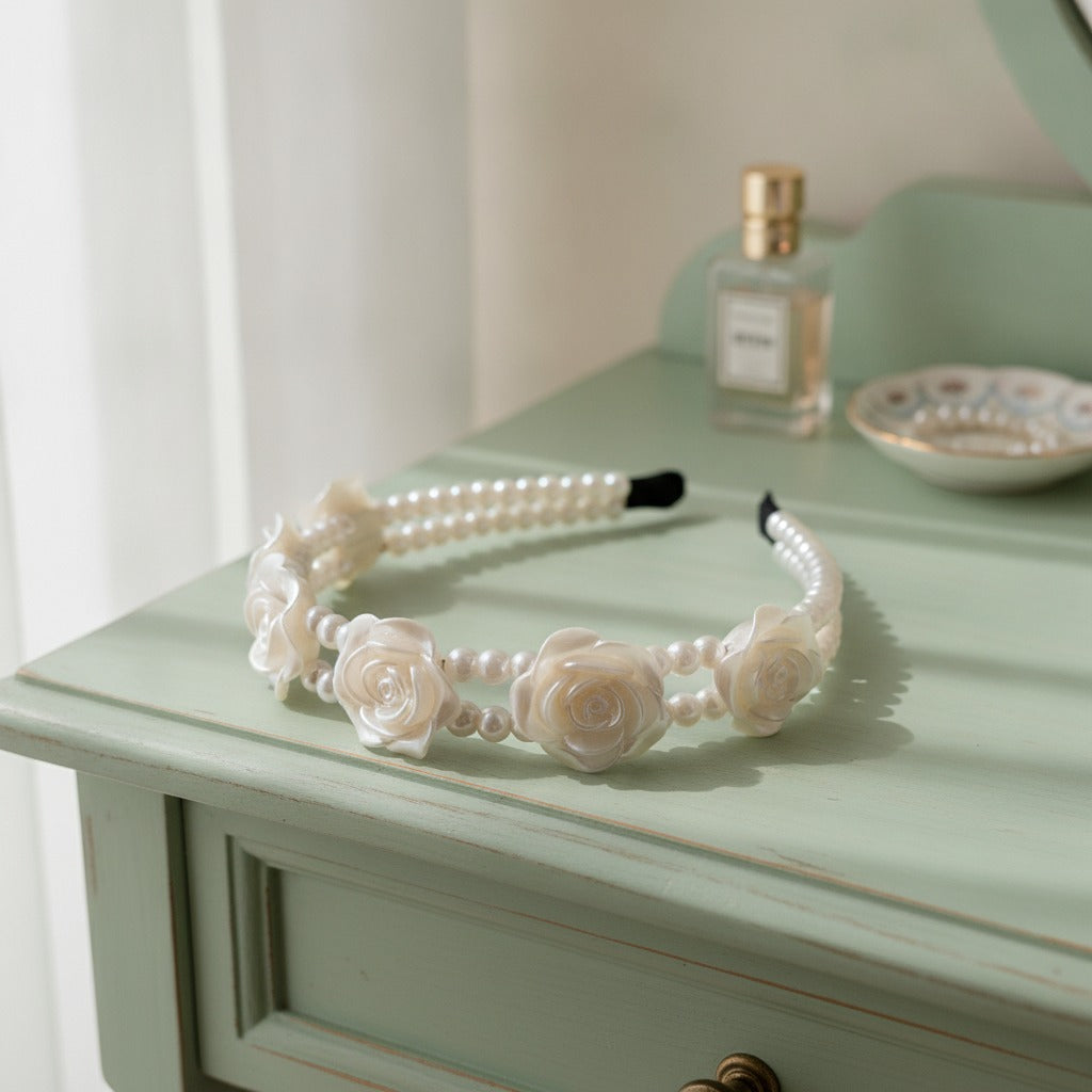 Pearl Double Row Camellia Headband - Pearl Camellia