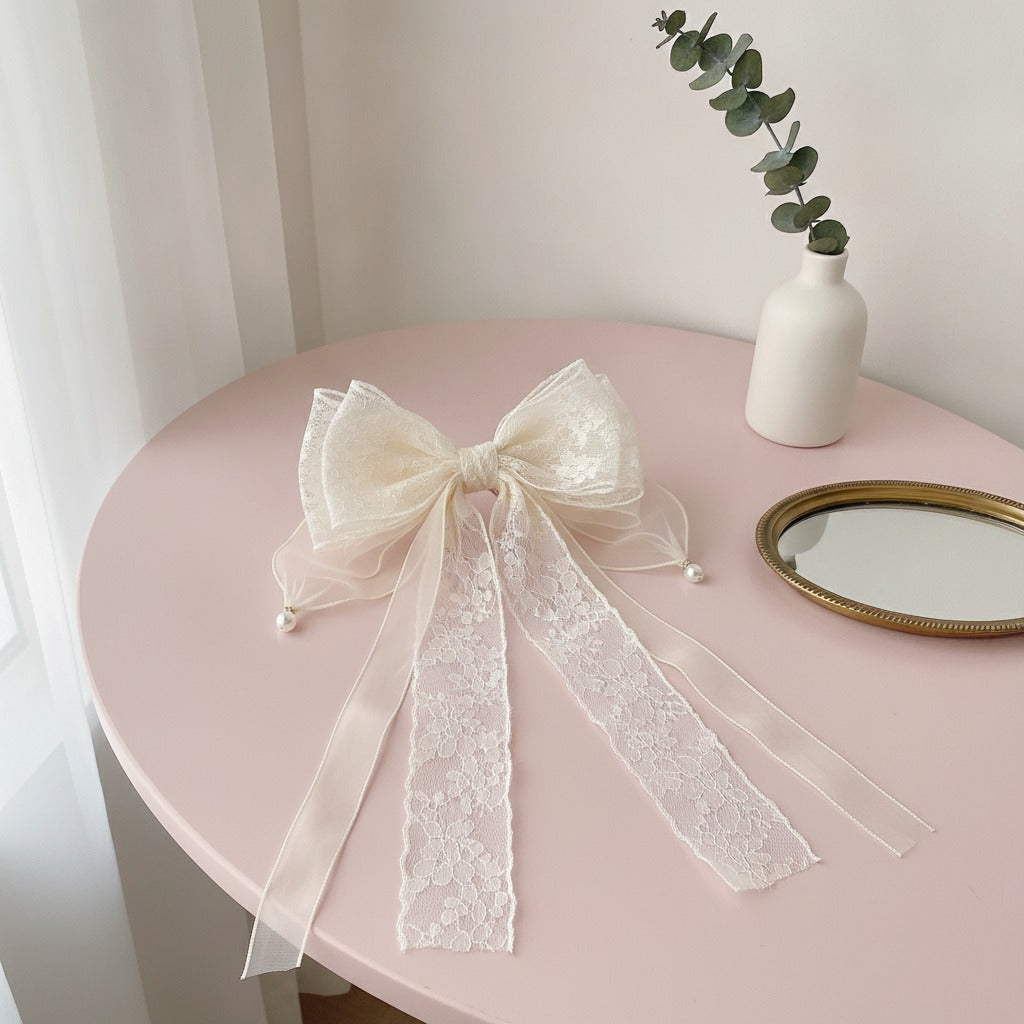 Sheer Bow Hair Claw - Lace Pink