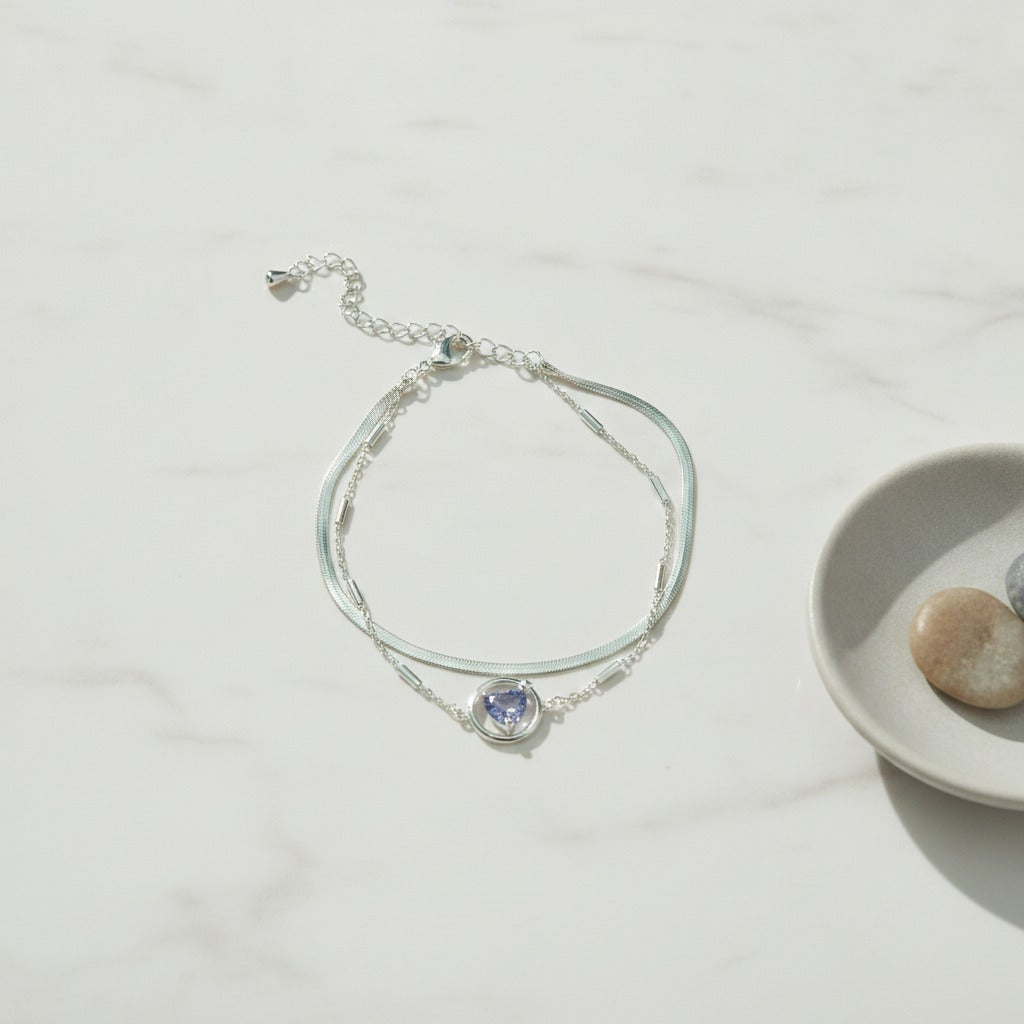 Layered Chain Bracelet with Stone - Silver