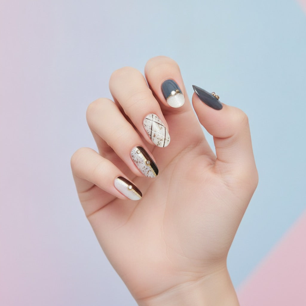 Luxe Geometric Press-On Nail Set - Cream & Grey