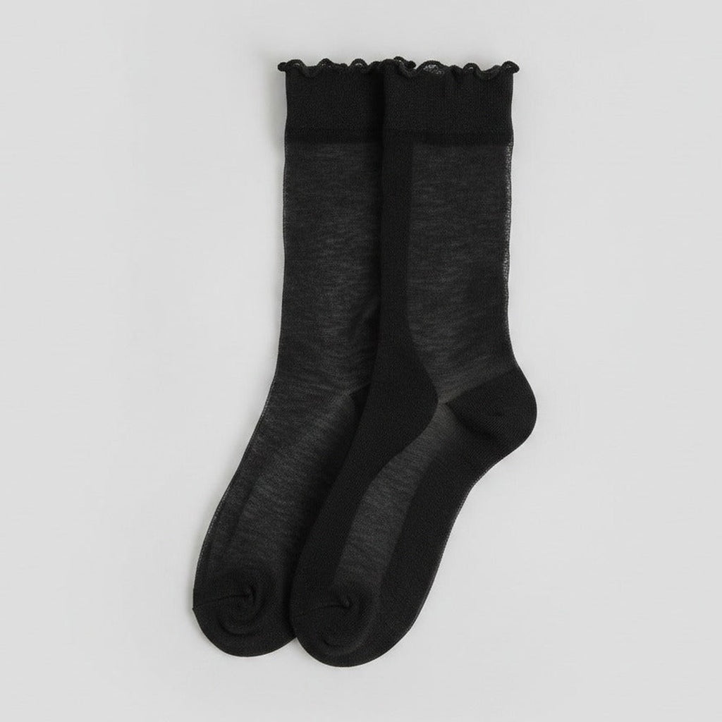 Slouch Crew Socks with Scalloped Edge - Black