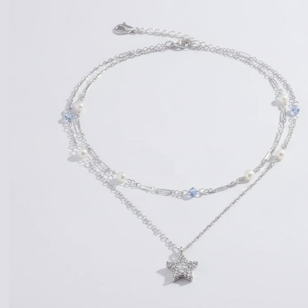 Silver Star Layered Necklace With Pearls And Blue Beads – jewelry (view 1)