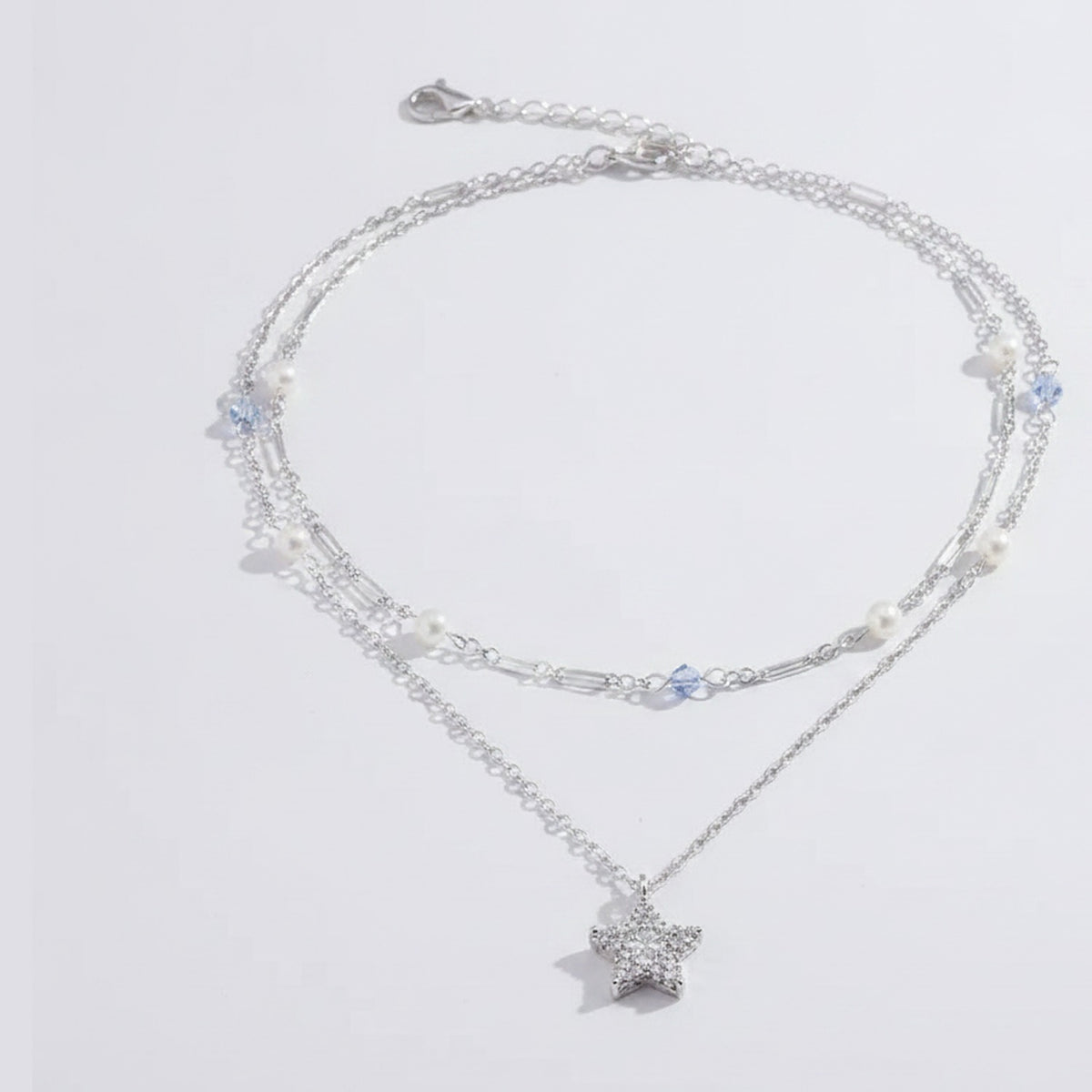 Silver Star Layered Necklace With Pearls And Blue Beads – jewelry (view 1)
