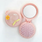 Pink Flower Compact Mirror & Folding Hair Brush – Korean beauty tool (view 1)