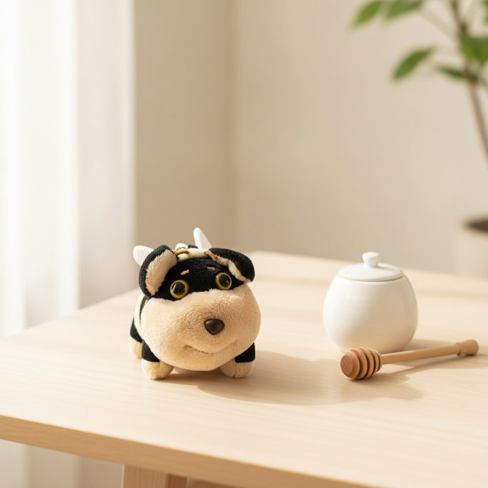 Fuzzy Bee Dog Keychain - Cream & Black