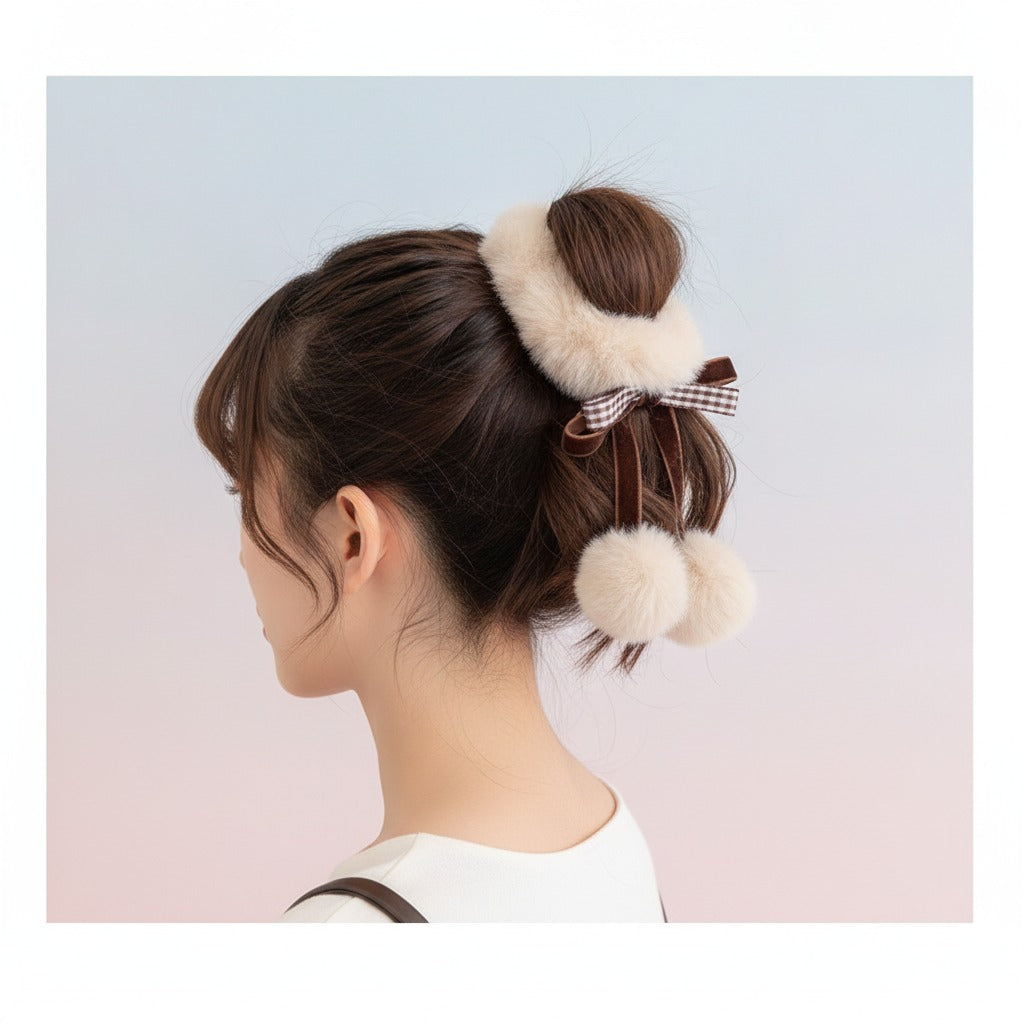 Crochet Bow Hair Clip with Pom - Cream