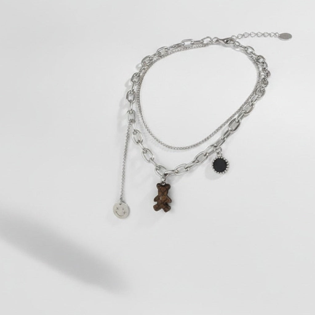 Layered Charm Chain Necklace - Silver