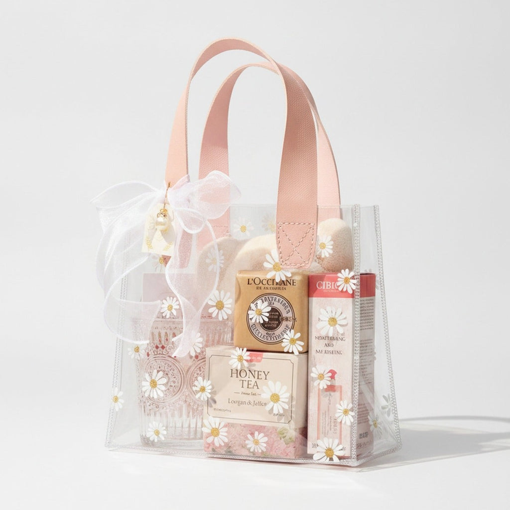 Daisy Clear PVC Gift Bag with Handle - Pink Daisy with Fishtail Tulle Charm Large – apparel accessories (view 1)