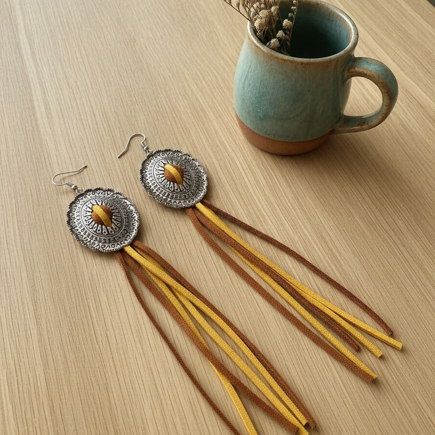 Ornate Medallion Tassel Earrings - Mustard & Cognac