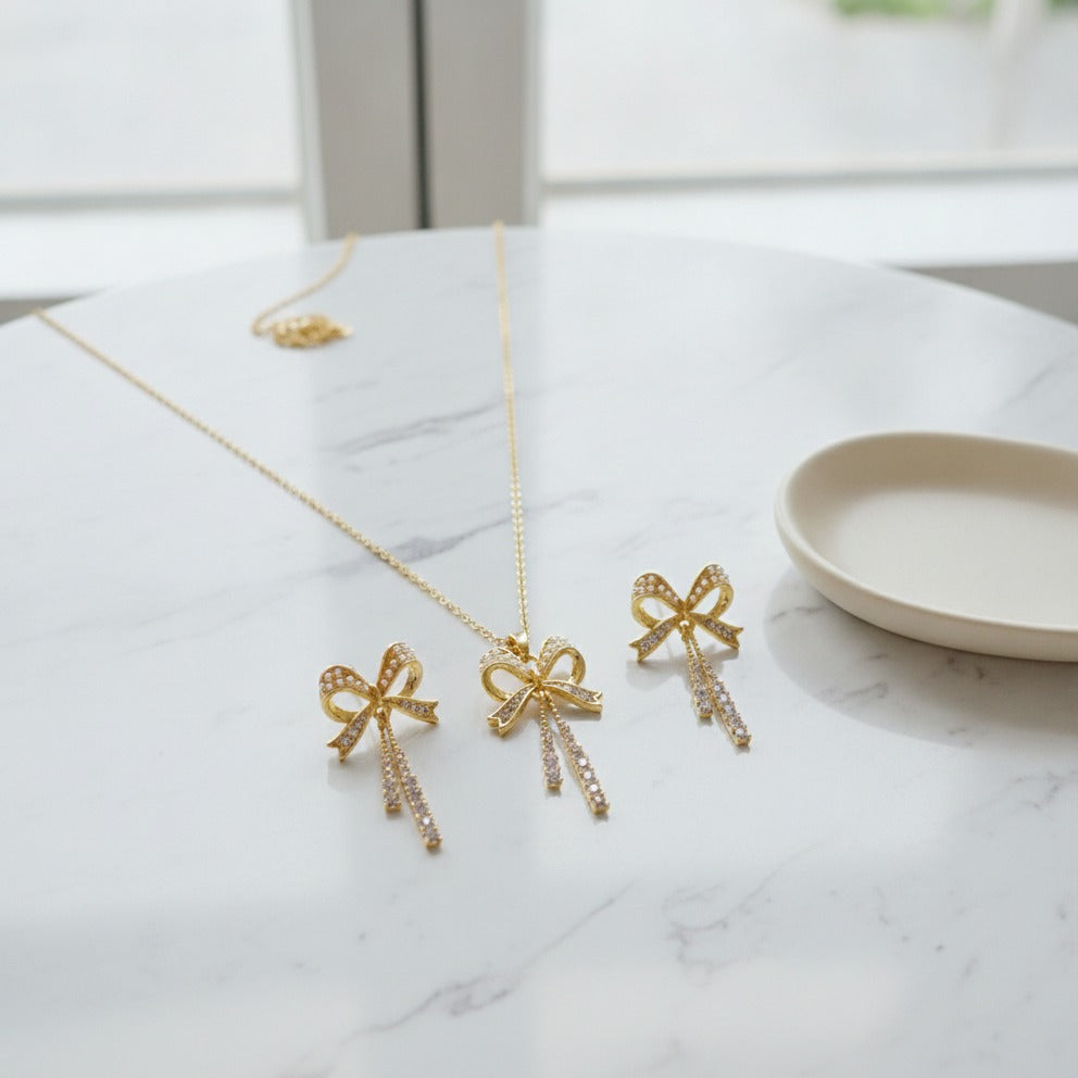 Rhinestone Bow Necklace & Earring Set - Gold
