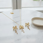 Rhinestone Bow Necklace & Earring Set - Gold