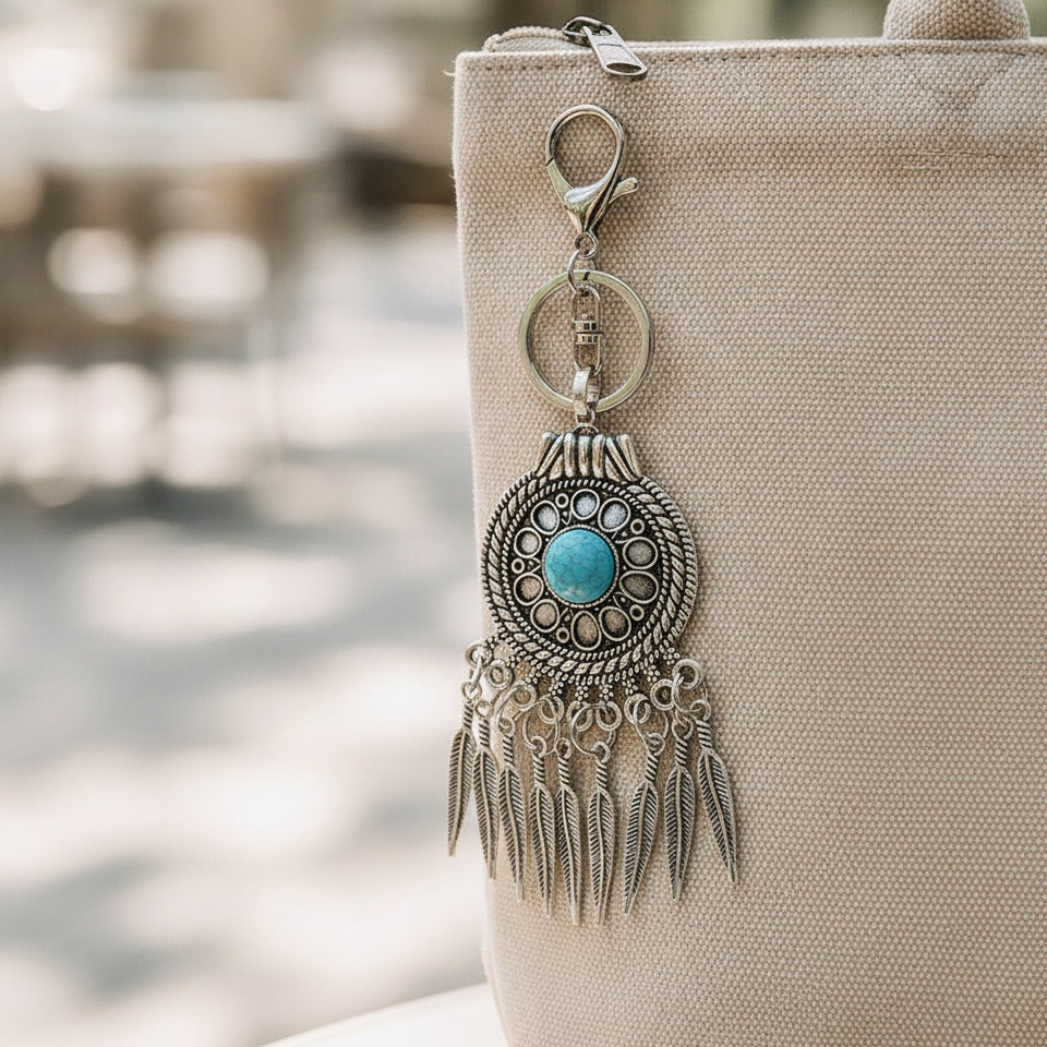 Turquoise Dreamcatcher Keychain - Silver