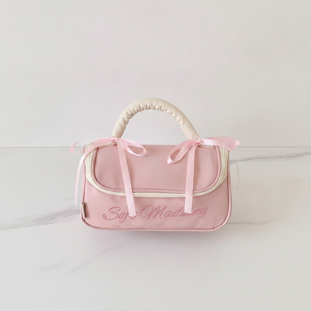 Soft Madeing Bow Handle Cosmetic Bag - Blush Pink