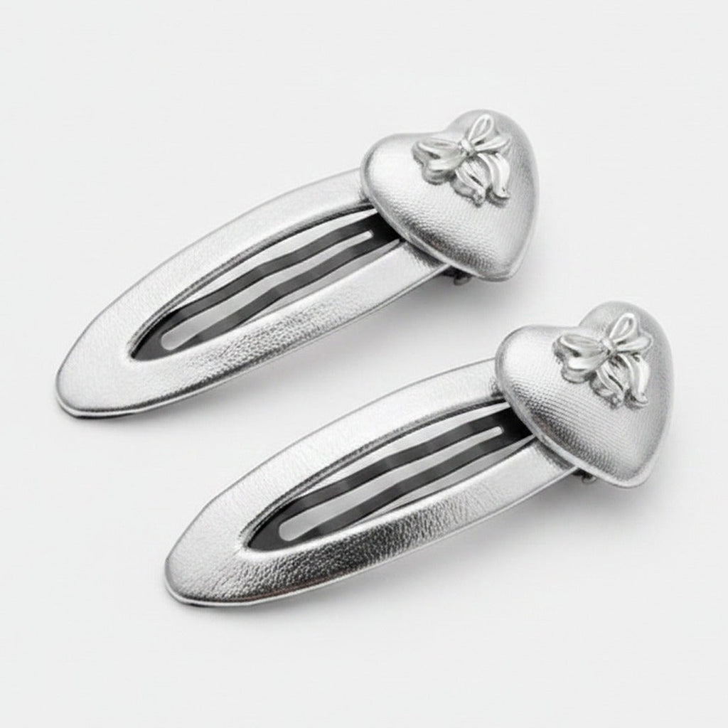 Silver Heart Bow Hair Clips Set – hair accessories (view 1)