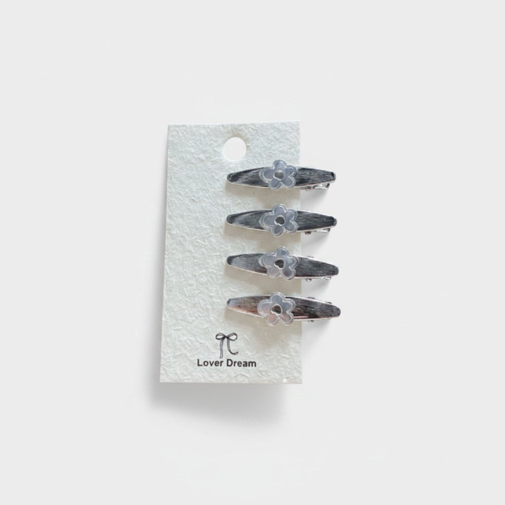 Gemstone Heart Claw Hair Clip Set Silver Flower