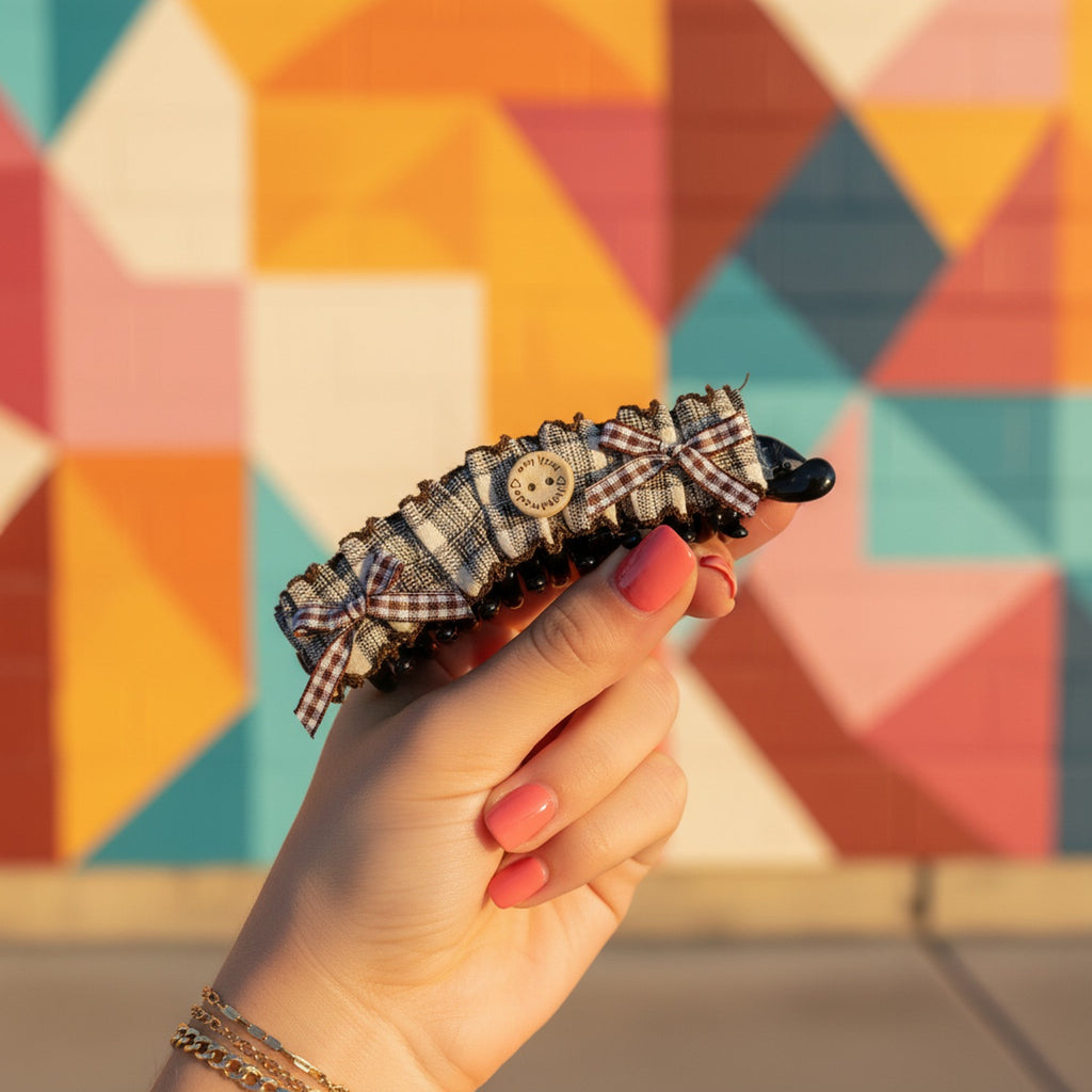Checkered Lace Hair Claw With Bow And Beads