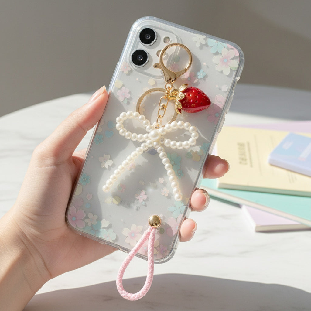Pearl Bow Strawberry Charm Keyring
