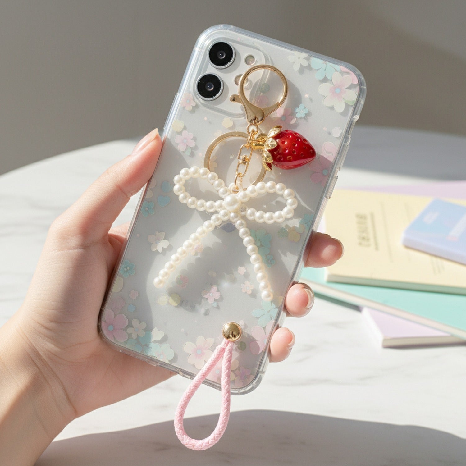 Pearl Bow Strawberry Charm Keyring