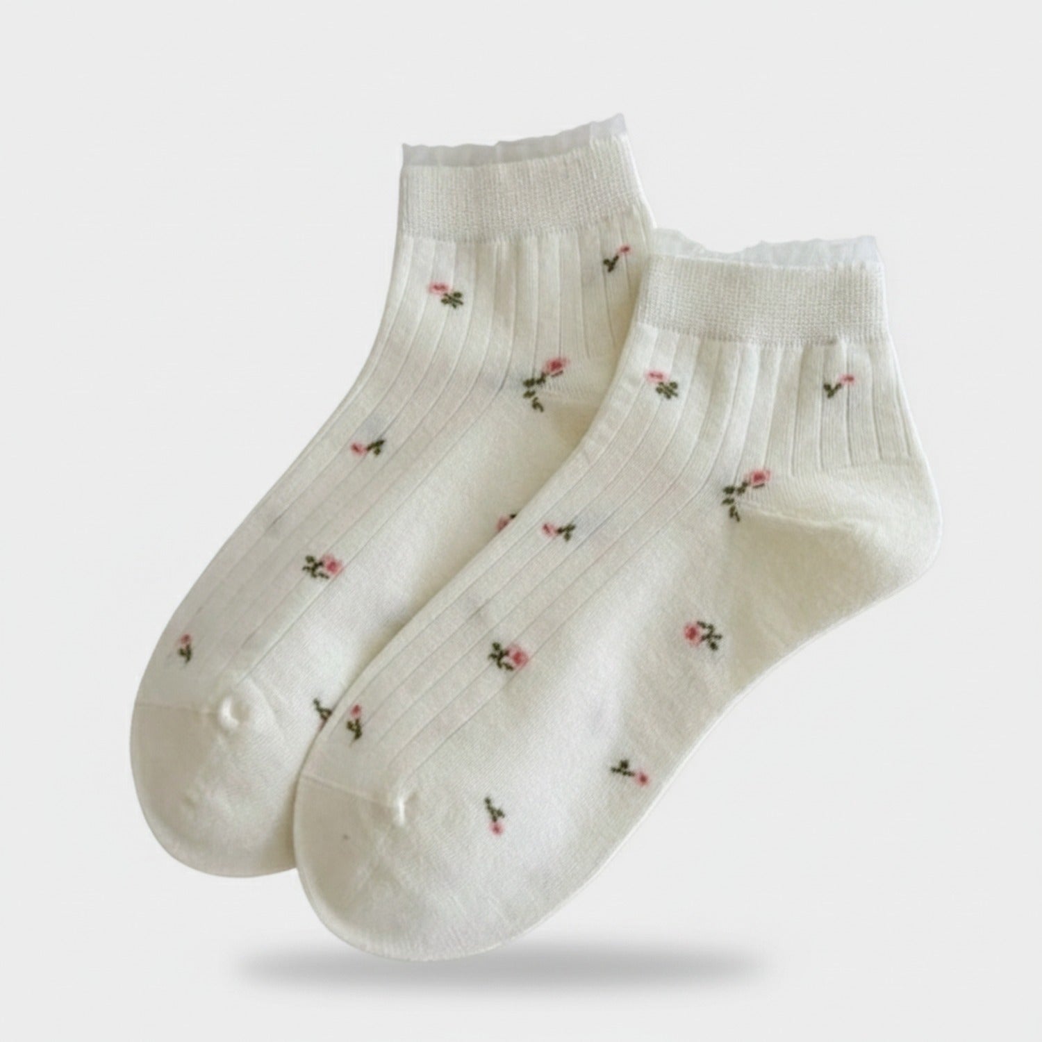 Cream Ribbed Ankle Socks With Floral Embroidery