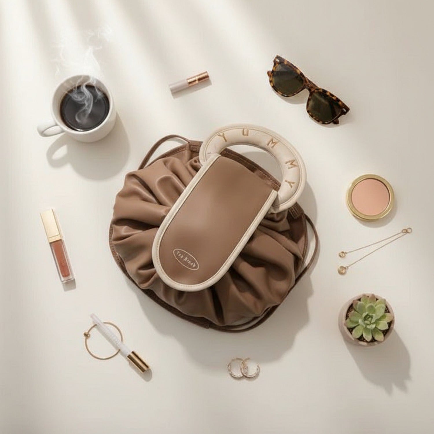 Cream Pleated Cosmetic Bag with Roman Numeral Mirror