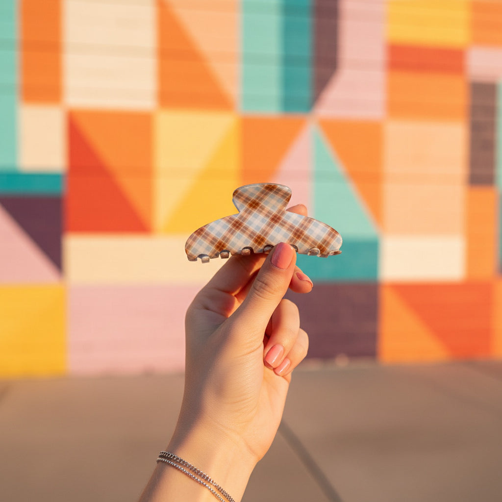 Plaid Hair Claw Clip With Pearl Accents