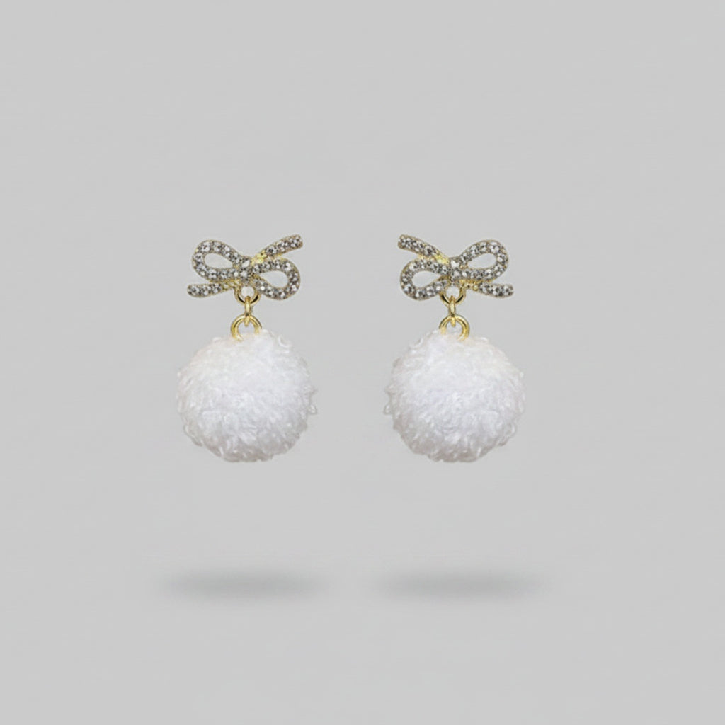 White Pom Pom Bow Rhinestone Drop Earrings