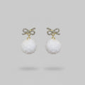 White Pom Pom Bow Rhinestone Drop Earrings