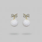 White Pom Pom Bow Rhinestone Drop Earrings