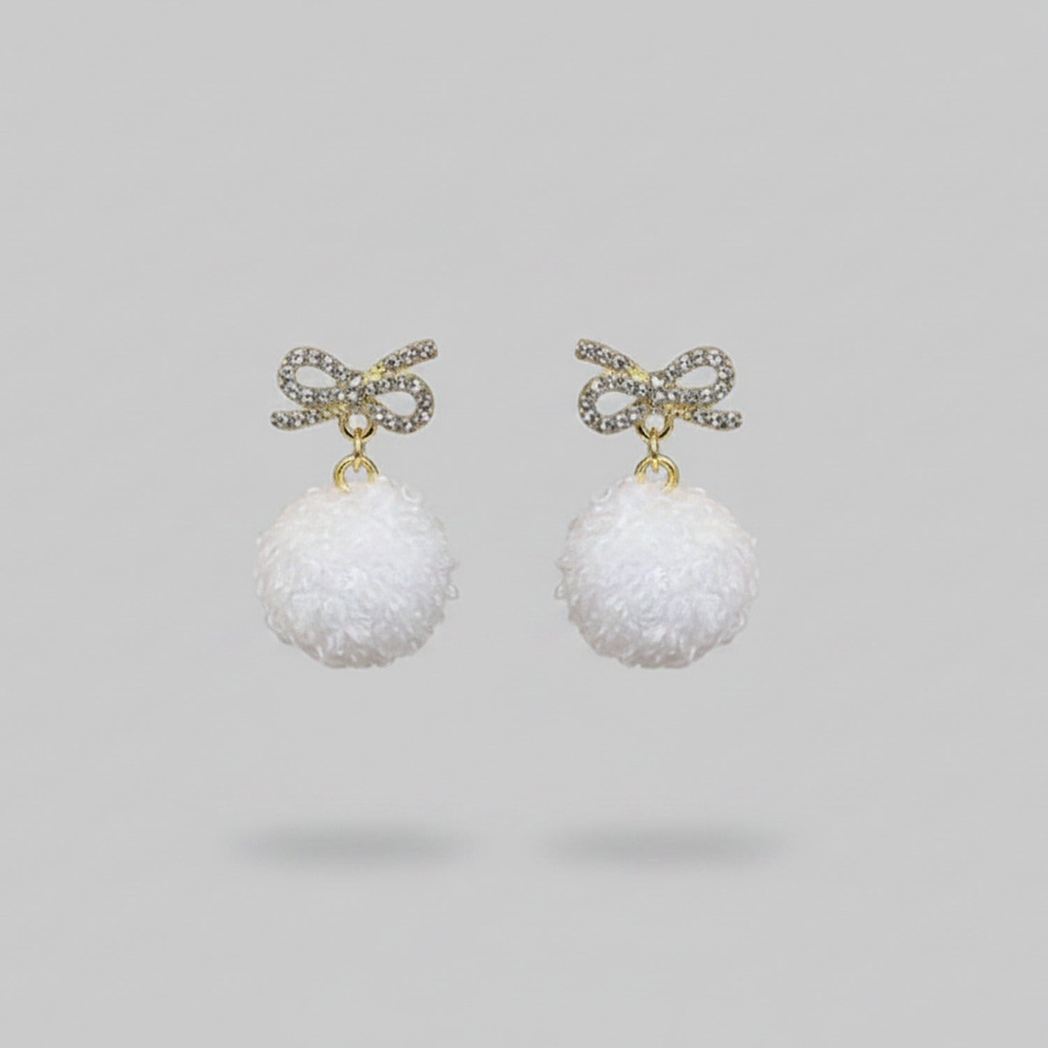 White Pom Pom Bow Rhinestone Drop Earrings