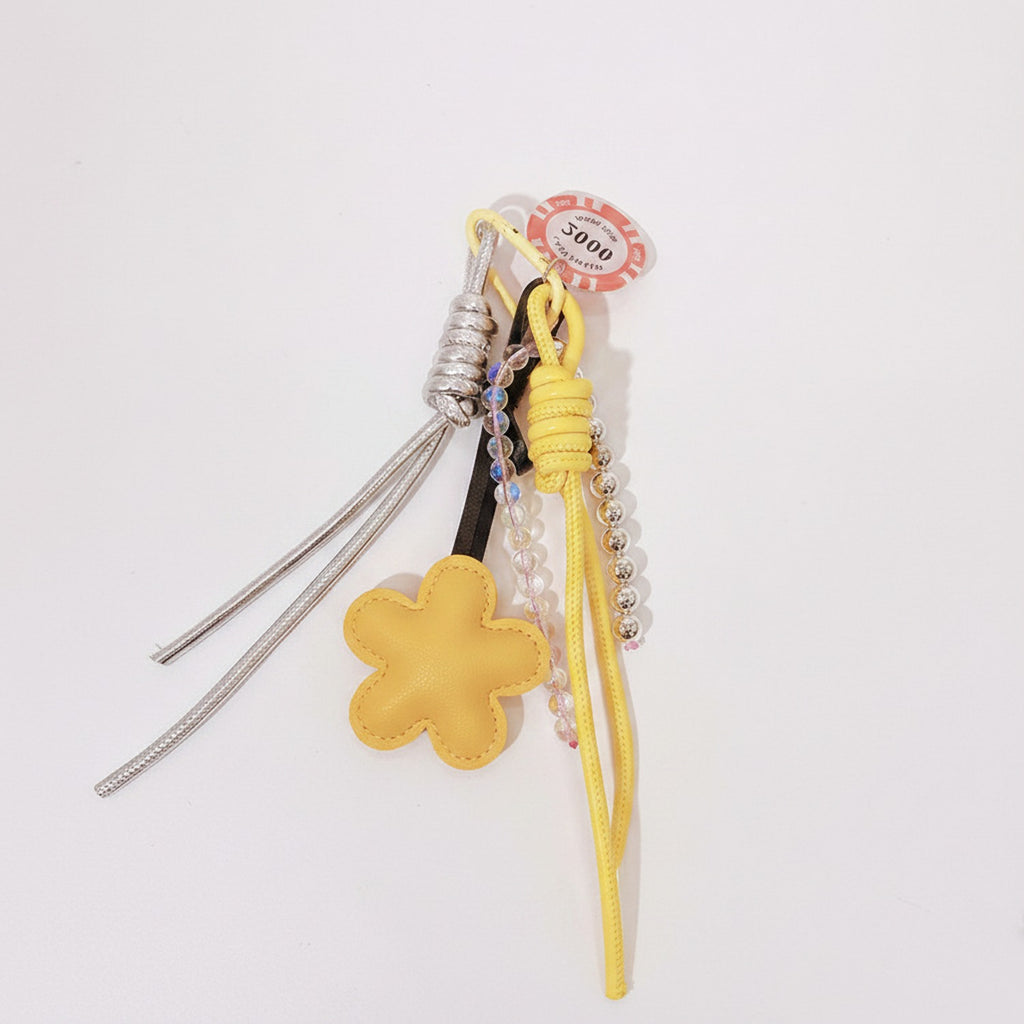 Yellow Flower Acrylic Keyring With Beaded Charm