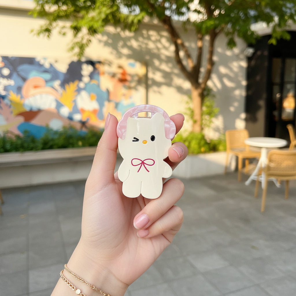 Cream Plush Ear Claw Clip With Bow
