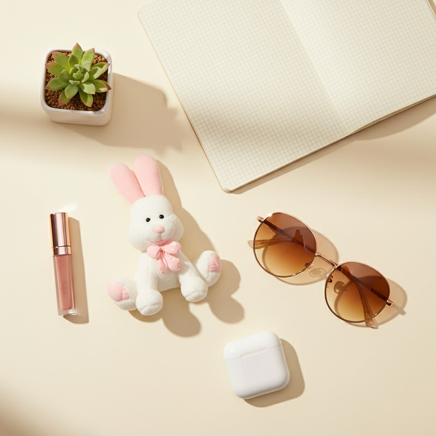 Cream Bunny Plush Toy With Pink Bow