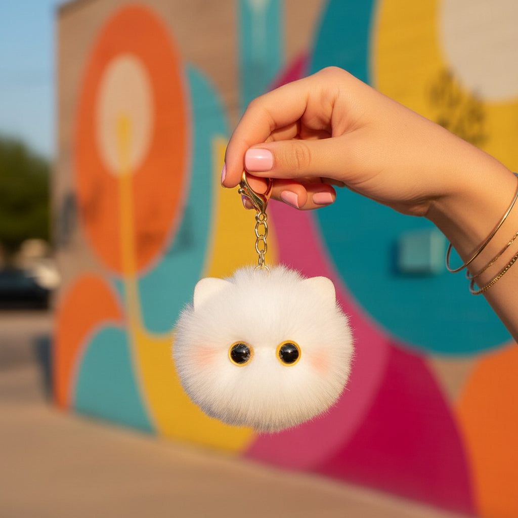 Black Fluffy Ball Keychain With Gold Chain
