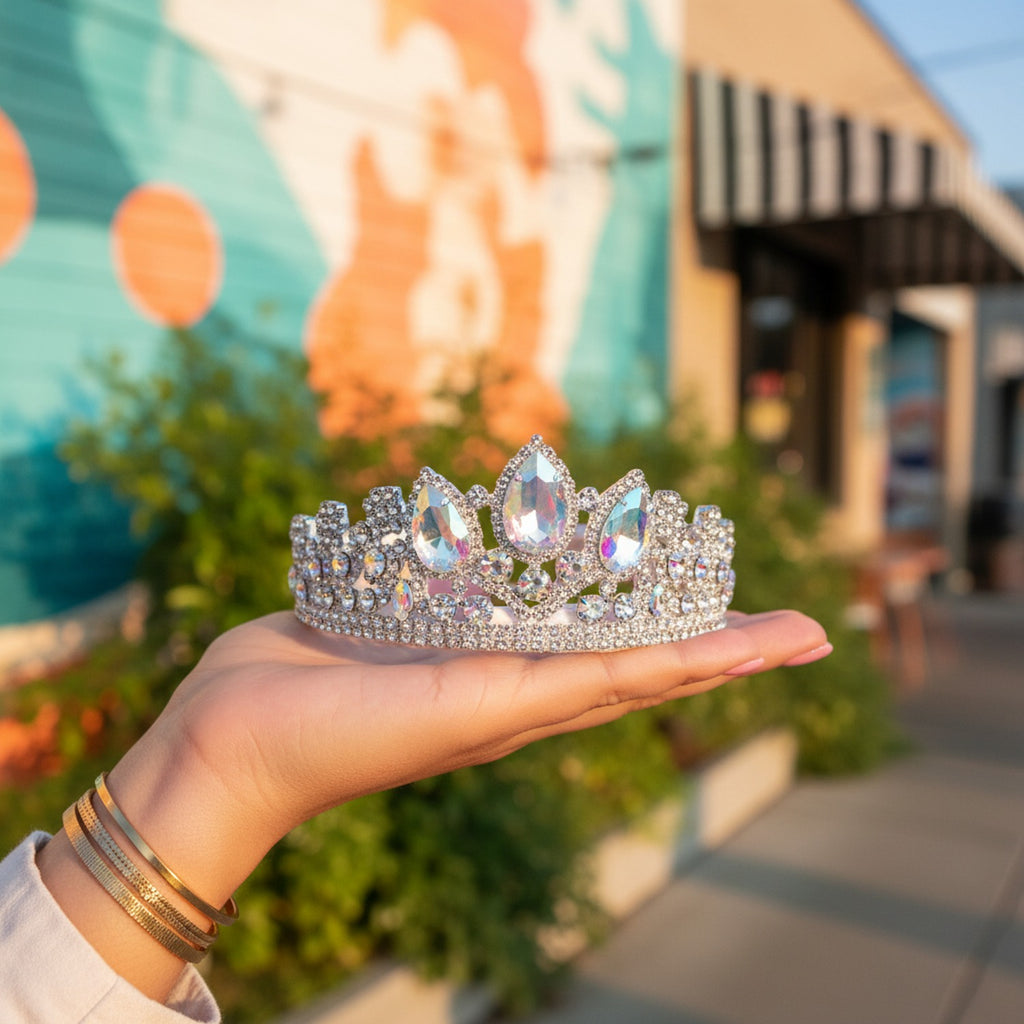 Iridescent Teardrop Rhinestone Crown Headband