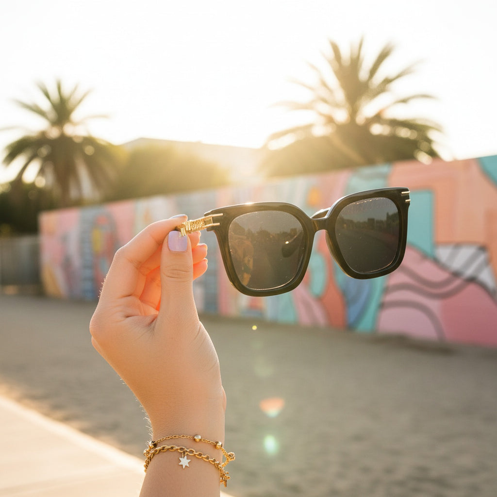 Black Square Sunglasses With Gold Chain Arms