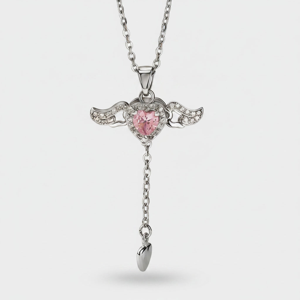 Pink Heart Wings Rhinestone Drop Necklace