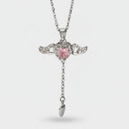 Pink Heart Wings Rhinestone Drop Necklace