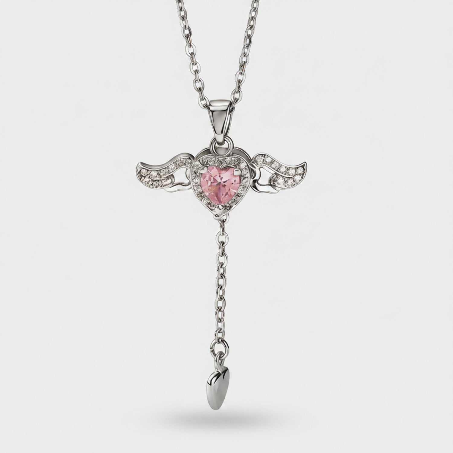 Pink Heart Wings Rhinestone Drop Necklace
