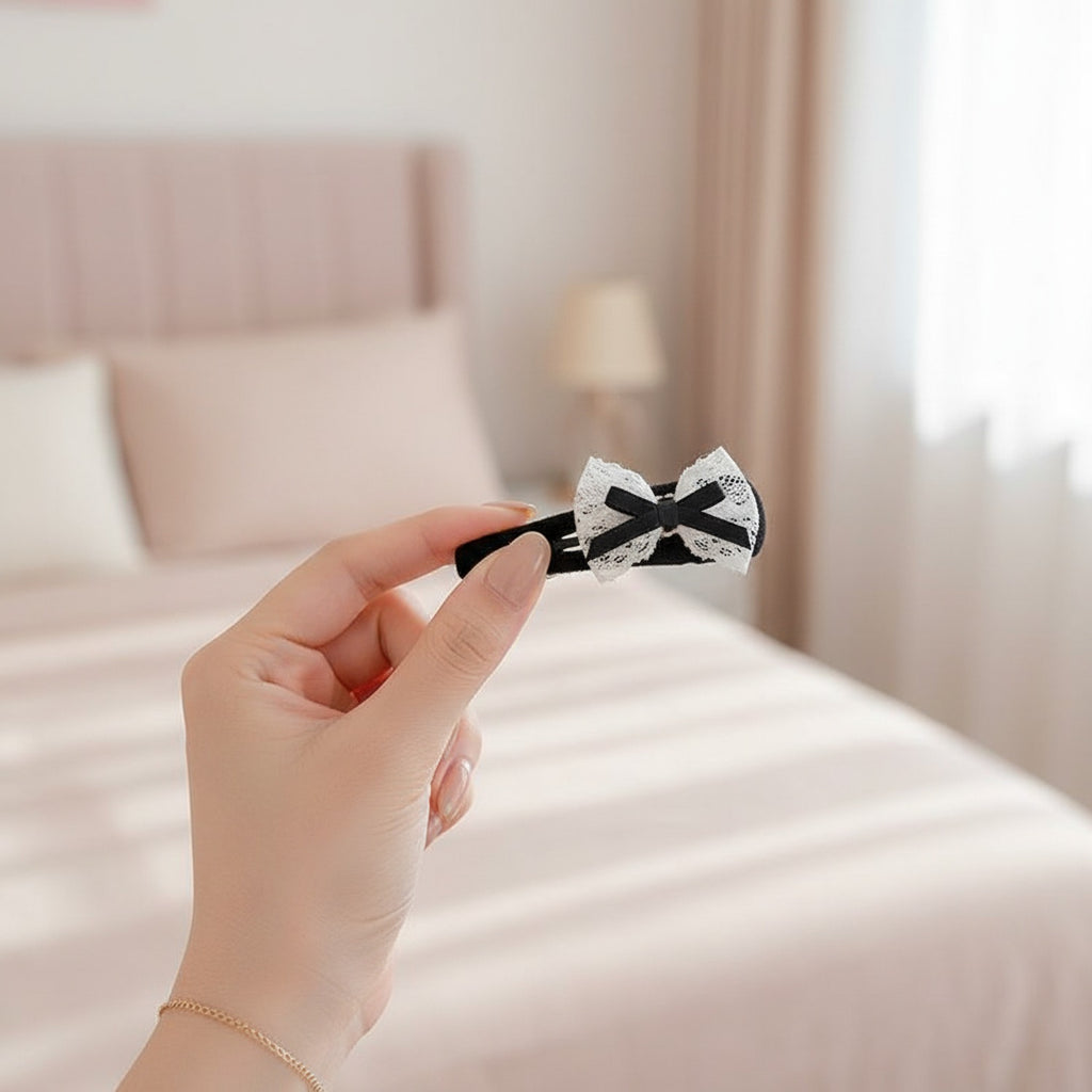 Lace Bow Ankle Socks Set Black White