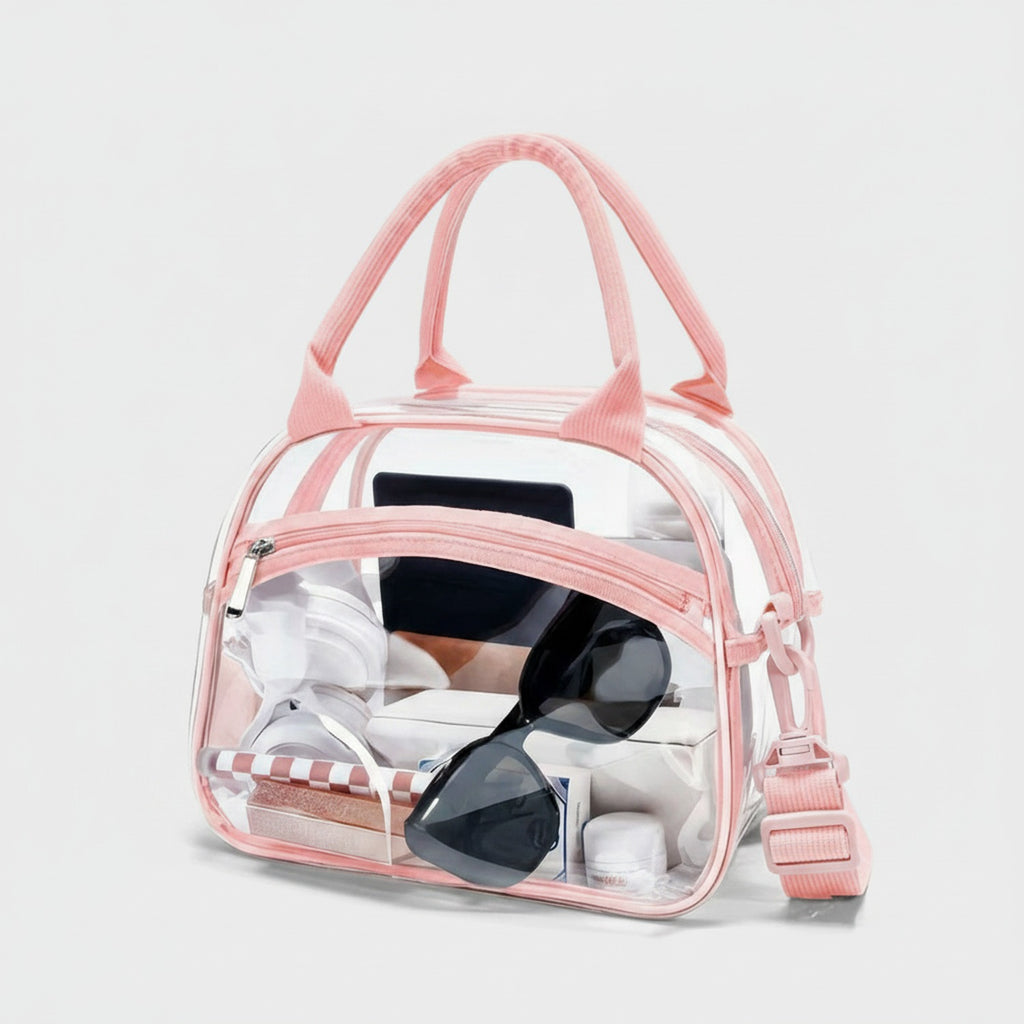 Clear Pink Cosmetic Bag With Striped Trim