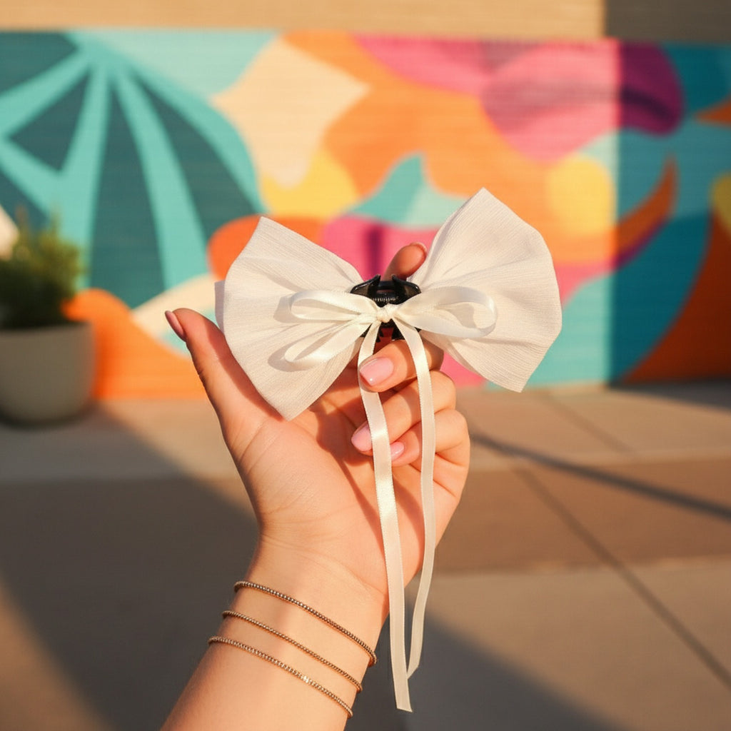 Ivory Textured Bow Hair Claw Clip