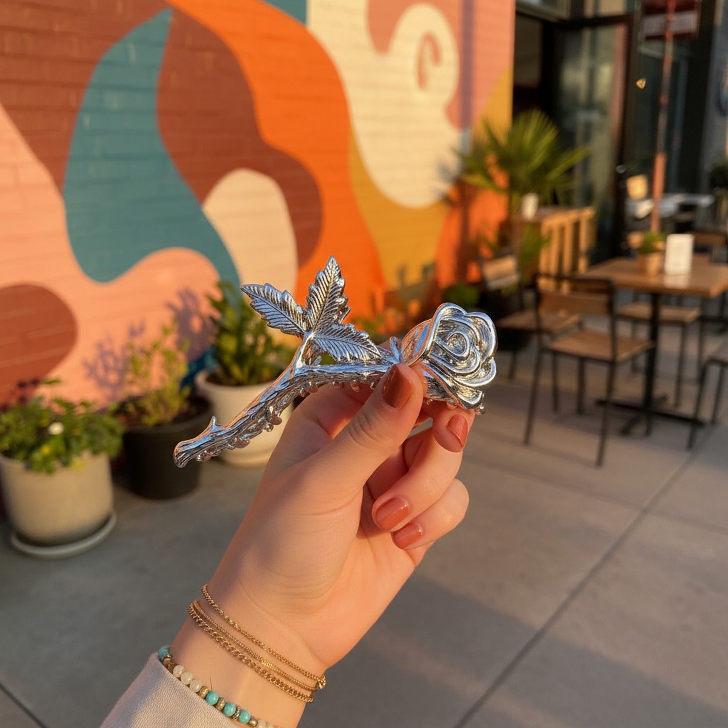 Silver Rose Flower Hair Claw Clip