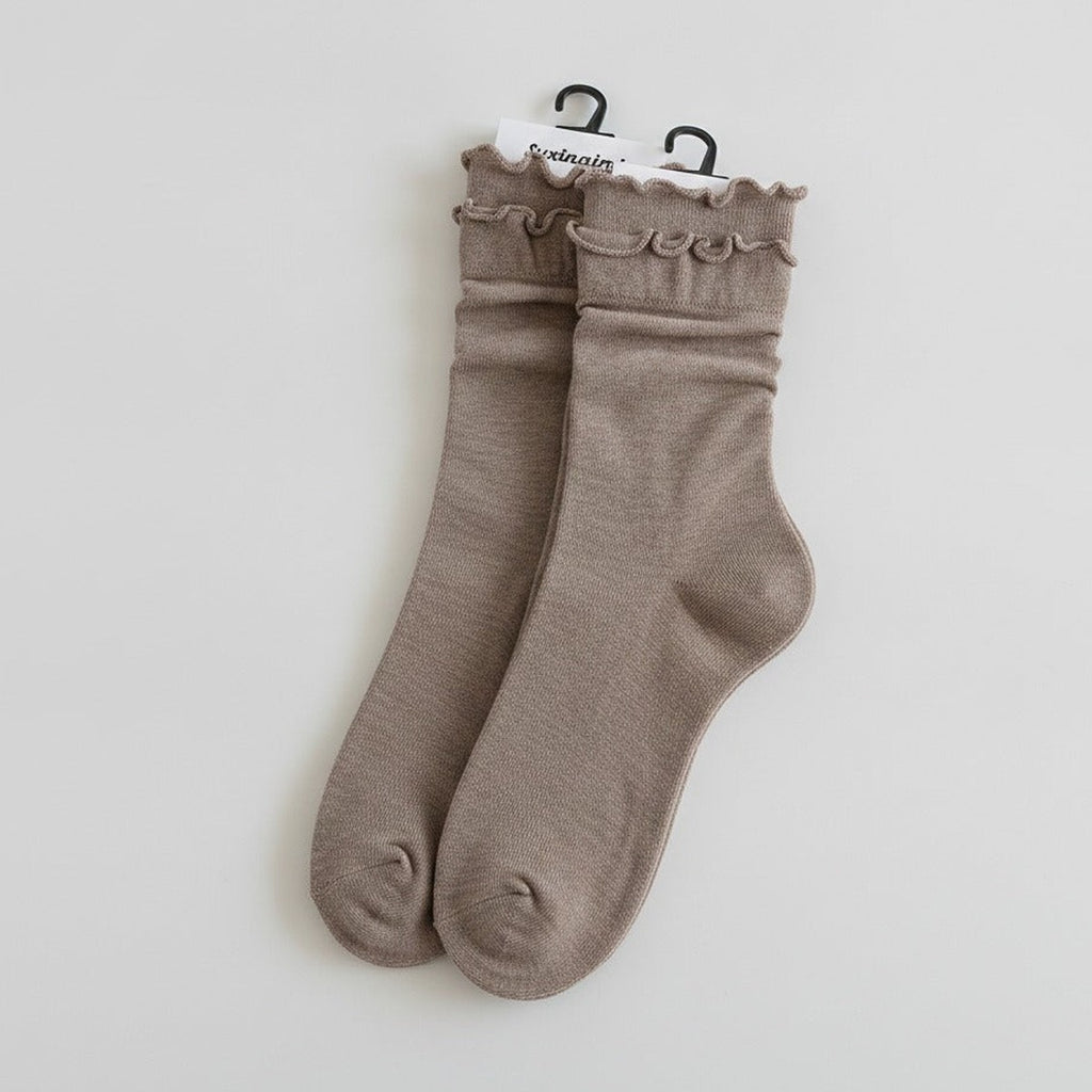Slouch Crew Socks with Scalloped Edge - Coffee