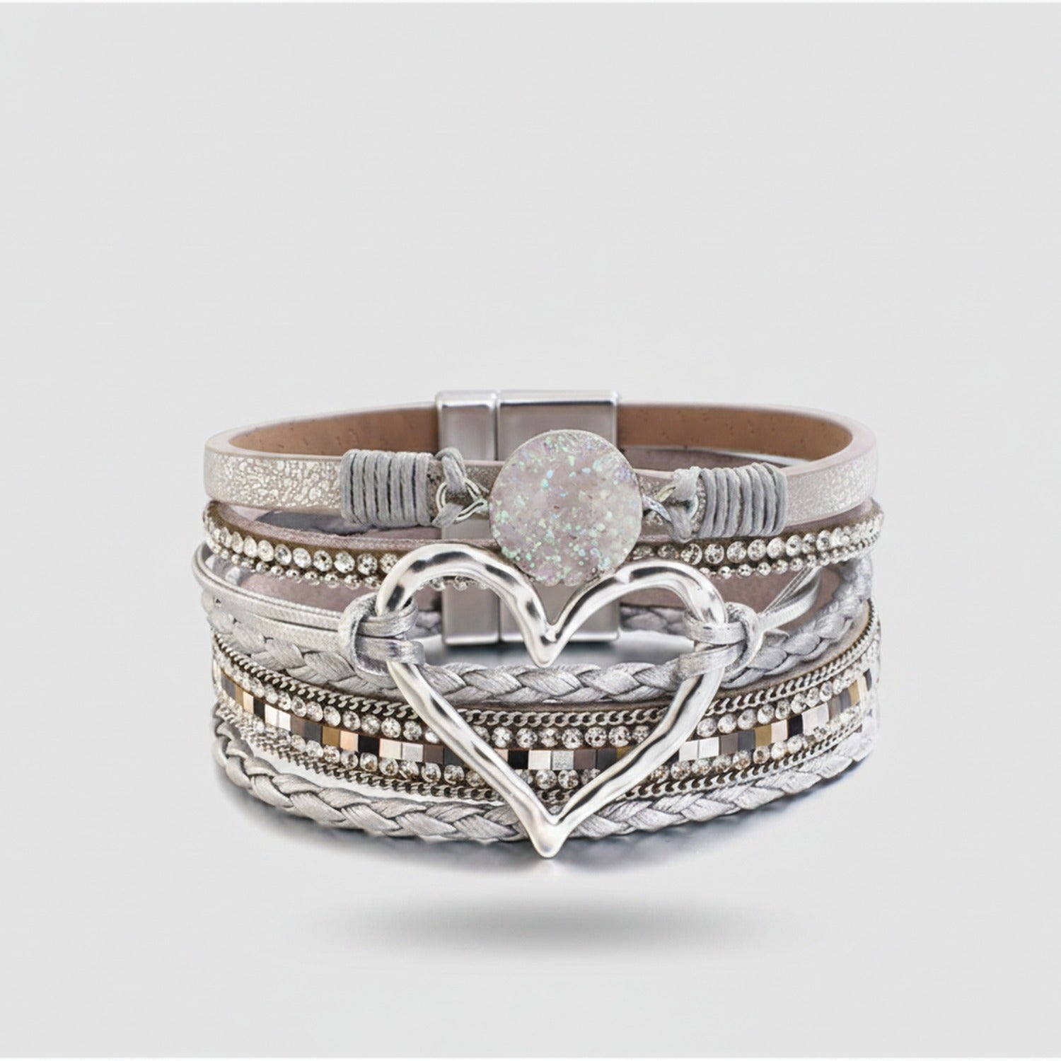 Pink Leather Heart Rhinestone Multi-Strand Bracelet