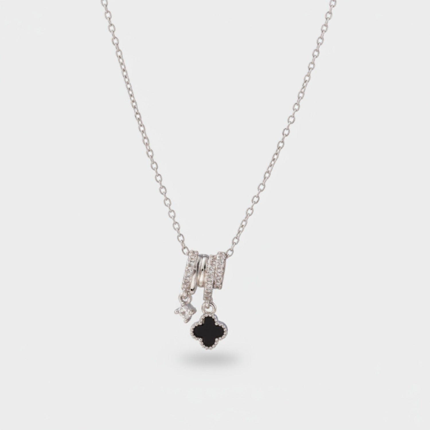 Black Clover Charm Rhinestone Silver Necklace