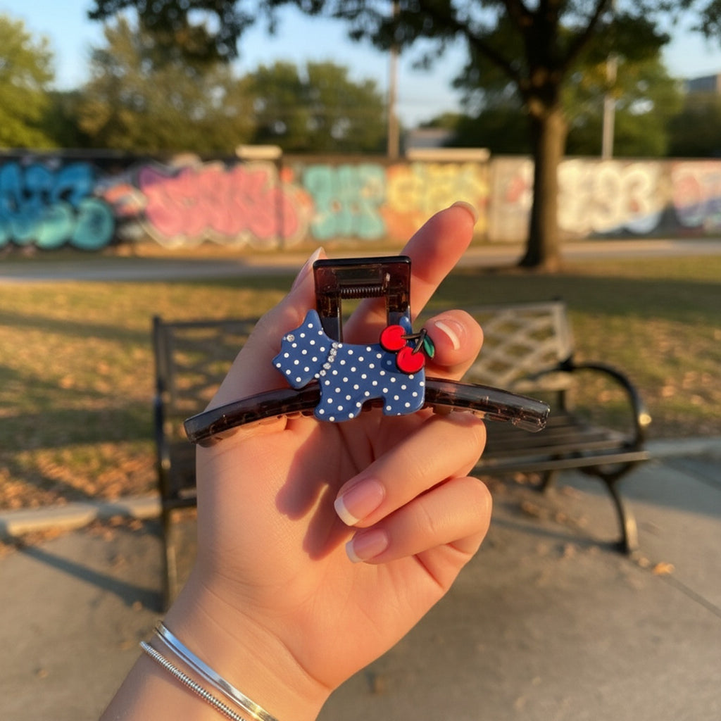 Blue Polka Dot Elephant Hair Claw With Cherry Charm