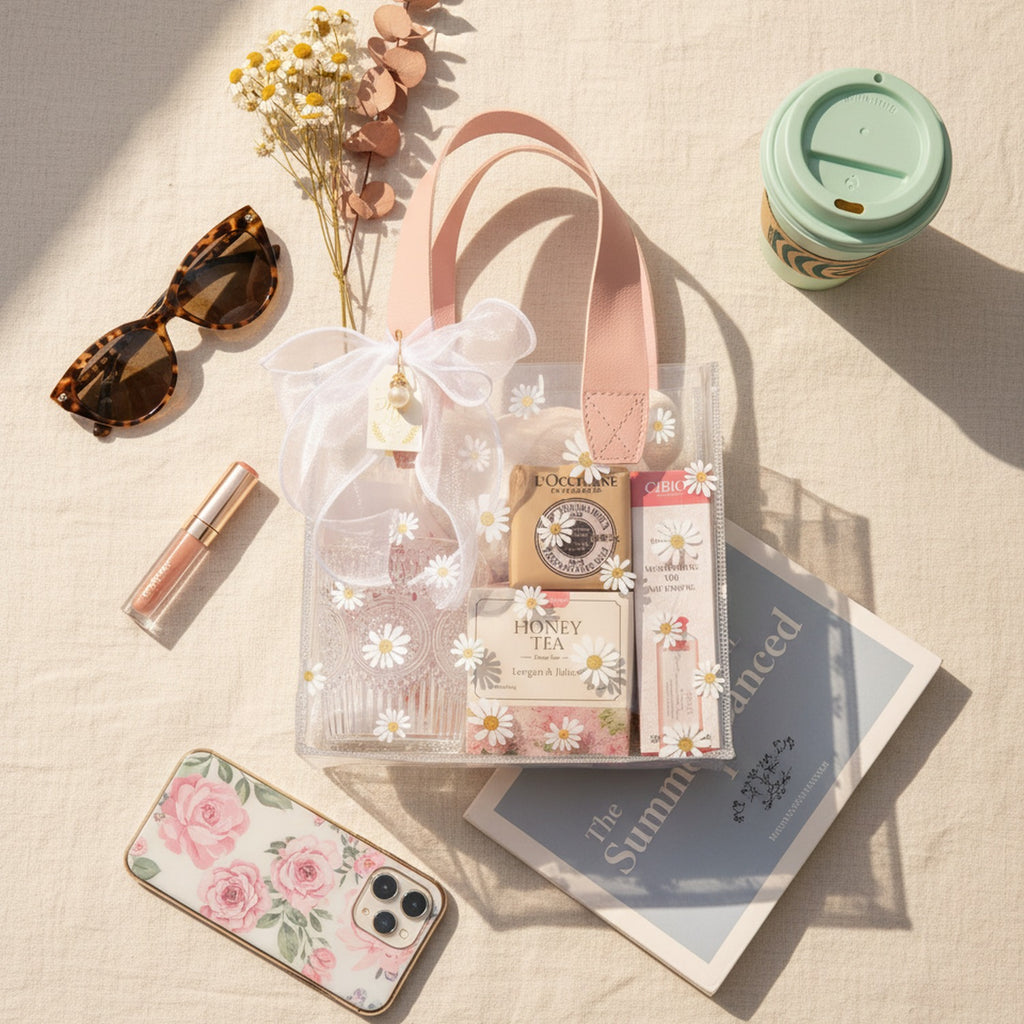 Daisy Clear PVC Gift Bag with Handle - Pink Daisy with Fishtail Tulle Charm Large – apparel accessories (view 6)